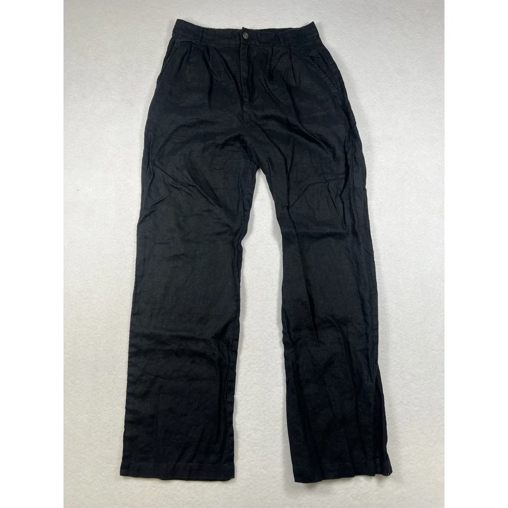 Reformation 100% Linen Pants Women's 6 Black‎ Straight Leg High Rise Pleated Zip